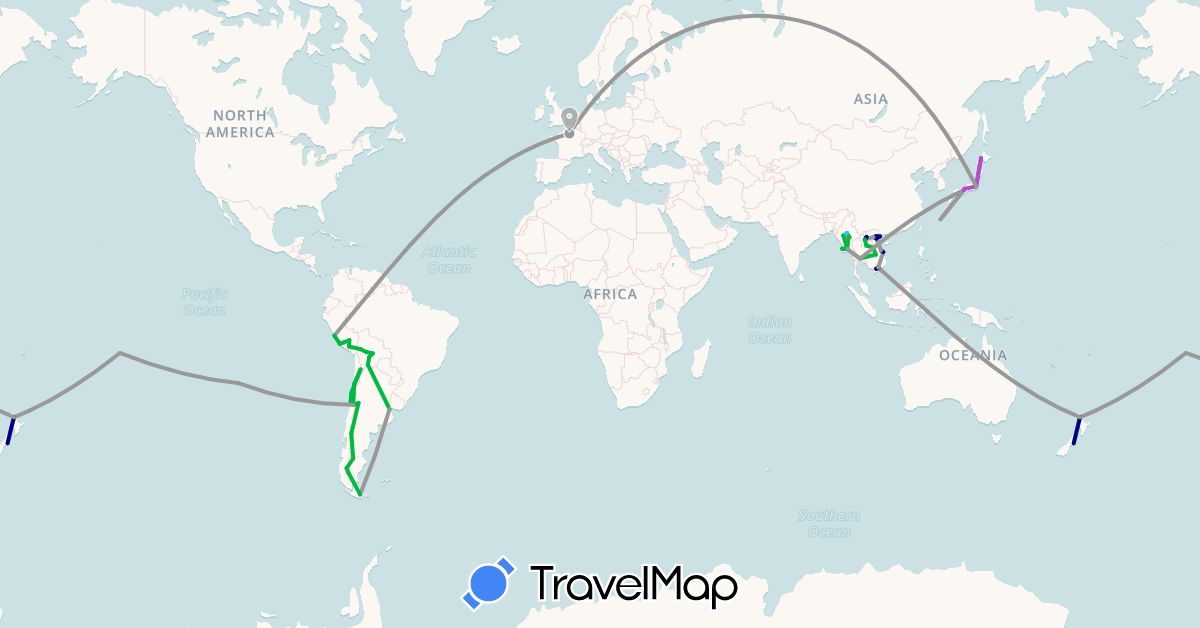 TravelMap itinerary: driving, bus, plane, train, hiking, boat in Argentina, Bolivia, Chile, France, Japan, Laos, Myanmar (Burma), New Zealand, Peru, French Polynesia, Thailand, Vietnam (Asia, Europe, Oceania, South America)